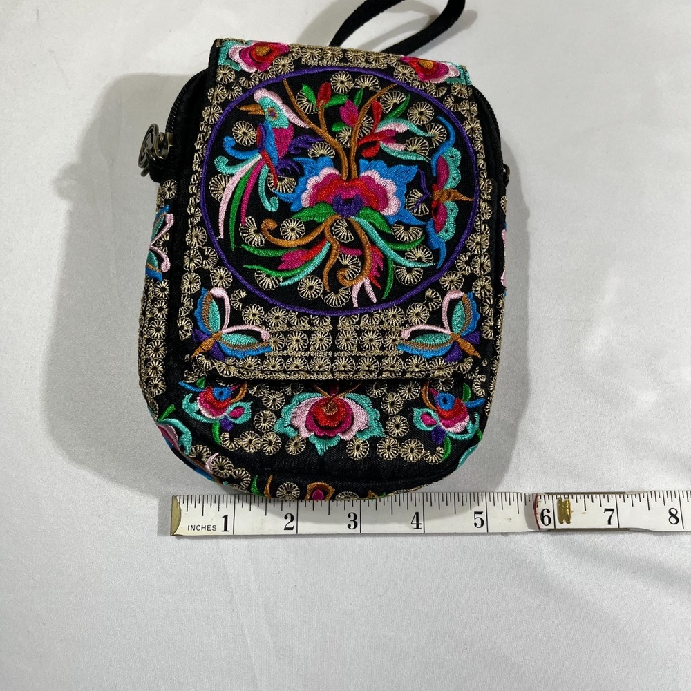 Bohemian Embroidered Floral Crossbody Bag Wristlet Hmong Style Purse - Picture 8 of 9